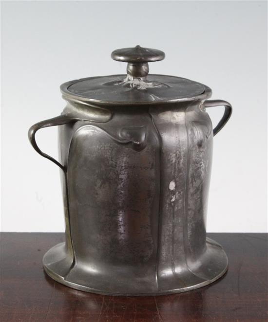 A Liberty Tudric pewter biscuit barrel, designed by Charles Annesley Voysey, 7in.